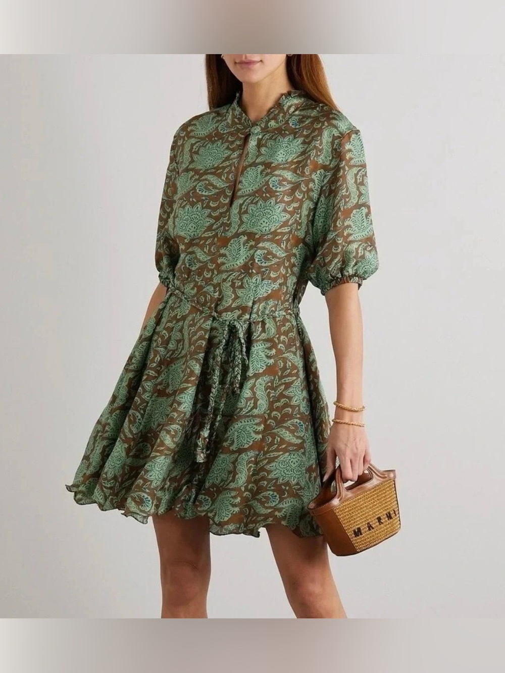 Hannah Artwear Gaia Silk Floral Mini Dress Green Belted S